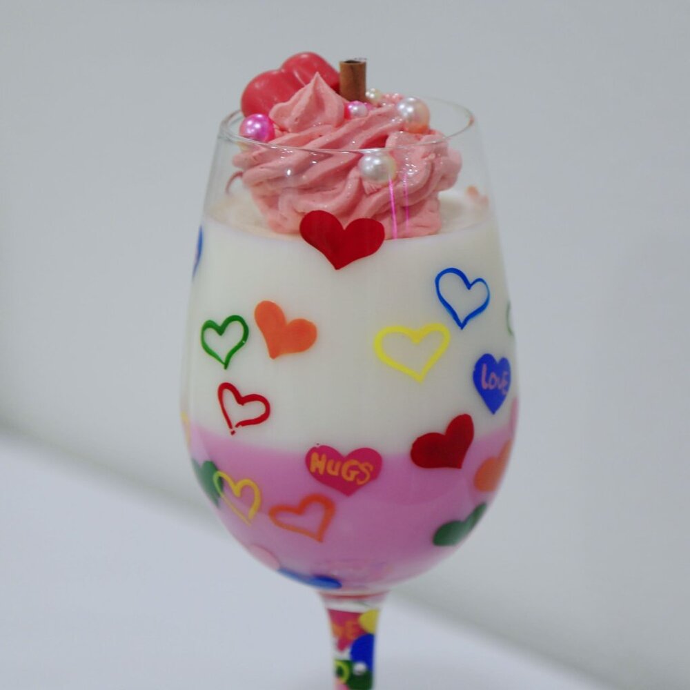 Lolita ✦ Handpainted Wine Glass Candle ✦ Pink White Red Layered Soy Wax Heart